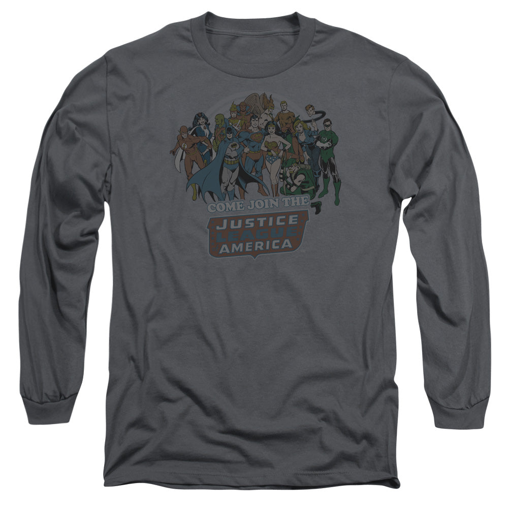 AN OFFCIALLY LICENSED DC JOIN THE JUSTICE LEAGUE MEN'S LONG SLEEVE T-SHIRT CHARCOAL