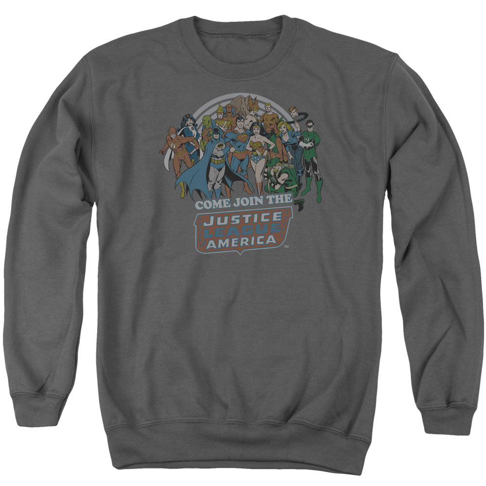 AN OFFCIALLY LICENSED DC JOIN THE JUSTICE LEAGUE ADULT UNISEX CREWNECK SWEATSHIRT CHARCOAL