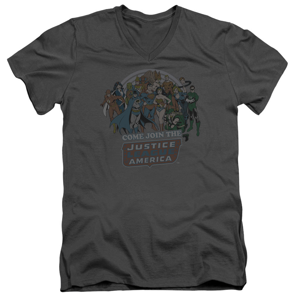 AN OFFCIALLY LICENSED DC JOIN THE JUSTICE LEAGUE MEN'S V-NECK T-SHIRT CHARCOAL