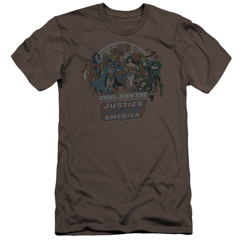 AN OFFCIALLY LICENSED DC JOIN THE JUSTICE LEAGUE MEN'S PREMIUM SLIM FIT T-SHIRT CHARCOAL