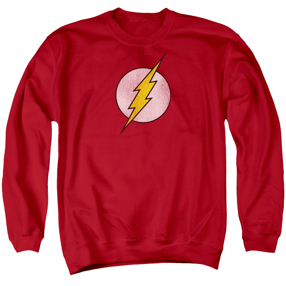 AN OFFCIALLY LICENSED DC FLASH FLASH LOGO DISTRESSED ADULT UNISEX CREWNECK SWEATSHIRT RED