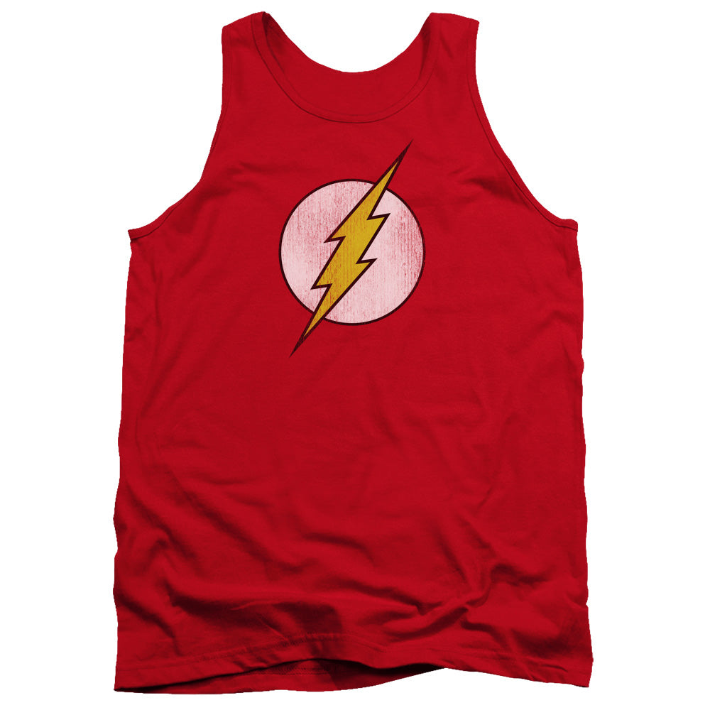 AN OFFCIALLY LICENSED DC FLASH FLASH LOGO DISTRESSED ADULT UNISEX TANK TOP RED
