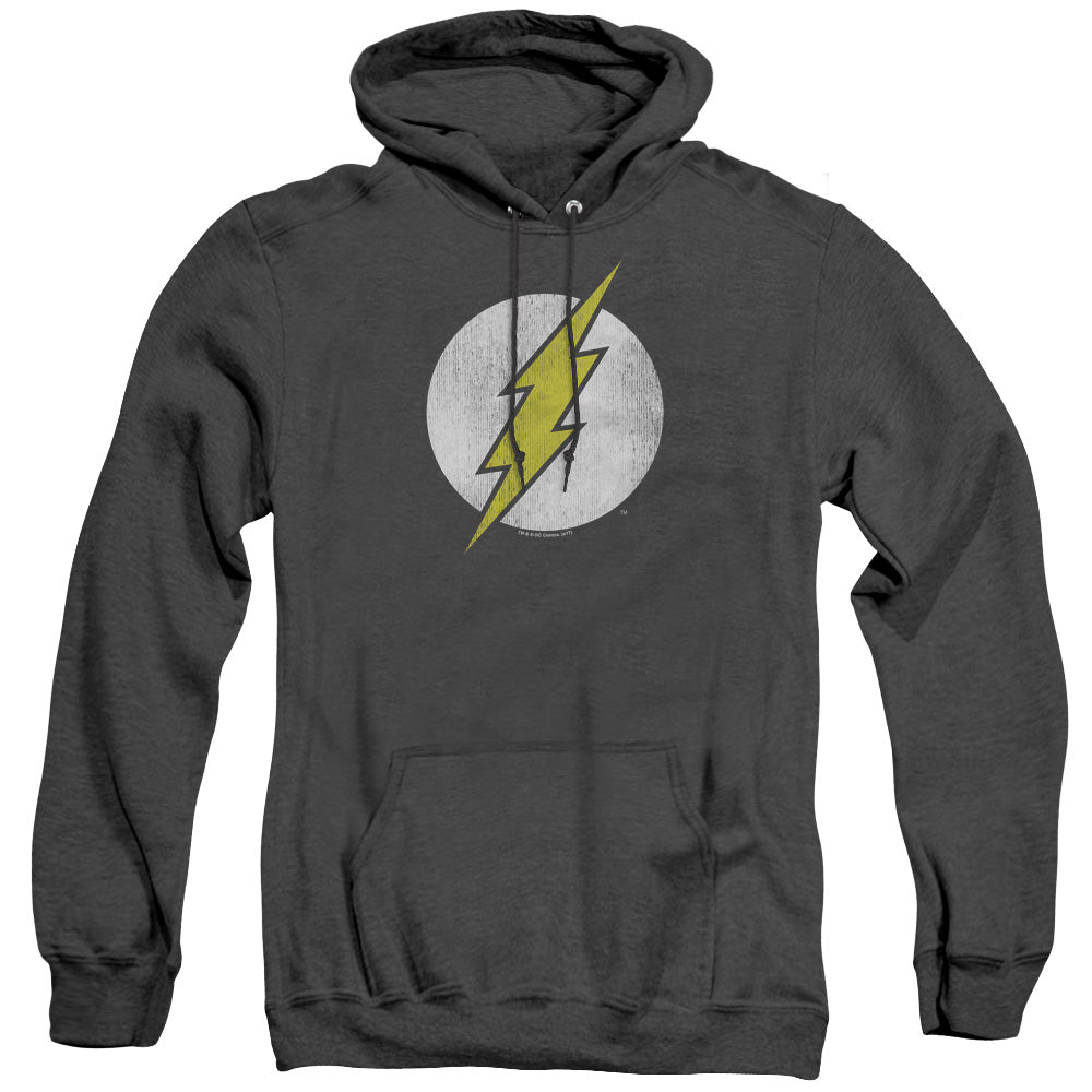AN OFFCIALLY LICENSED DC FLASH FLASH LOGO DISTRESSED ADULT UNISEX HEATHER PULLOVER HOODIE BLACK