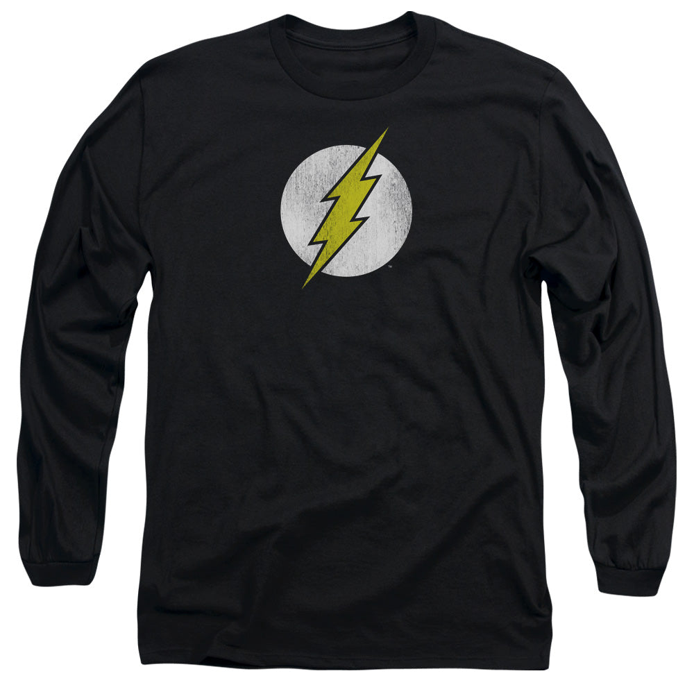AN OFFCIALLY LICENSED DC FLASH FLASH LOGO DISTRESSED MEN'S LONG SLEEVE T-SHIRT BLACK