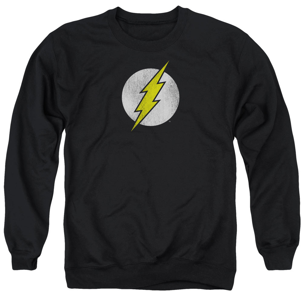 AN OFFCIALLY LICENSED DC FLASH FLASH LOGO DISTRESSED ADULT UNISEX CREWNECK SWEATSHIRT BLACK