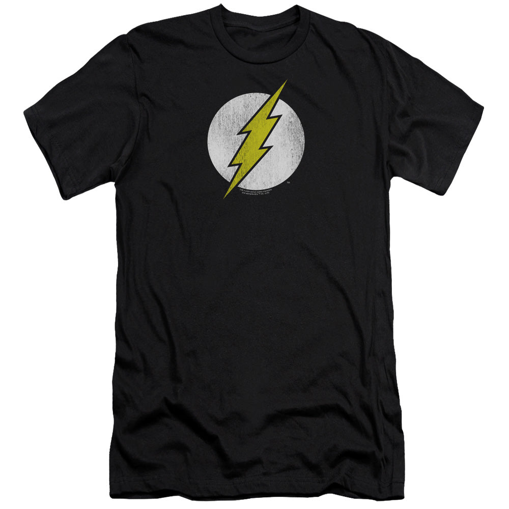 AN OFFCIALLY LICENSED DC FLASH FLASH LOGO DISTRESSED MEN'S PREMIUM SLIM FIT T-SHIRT BLACK