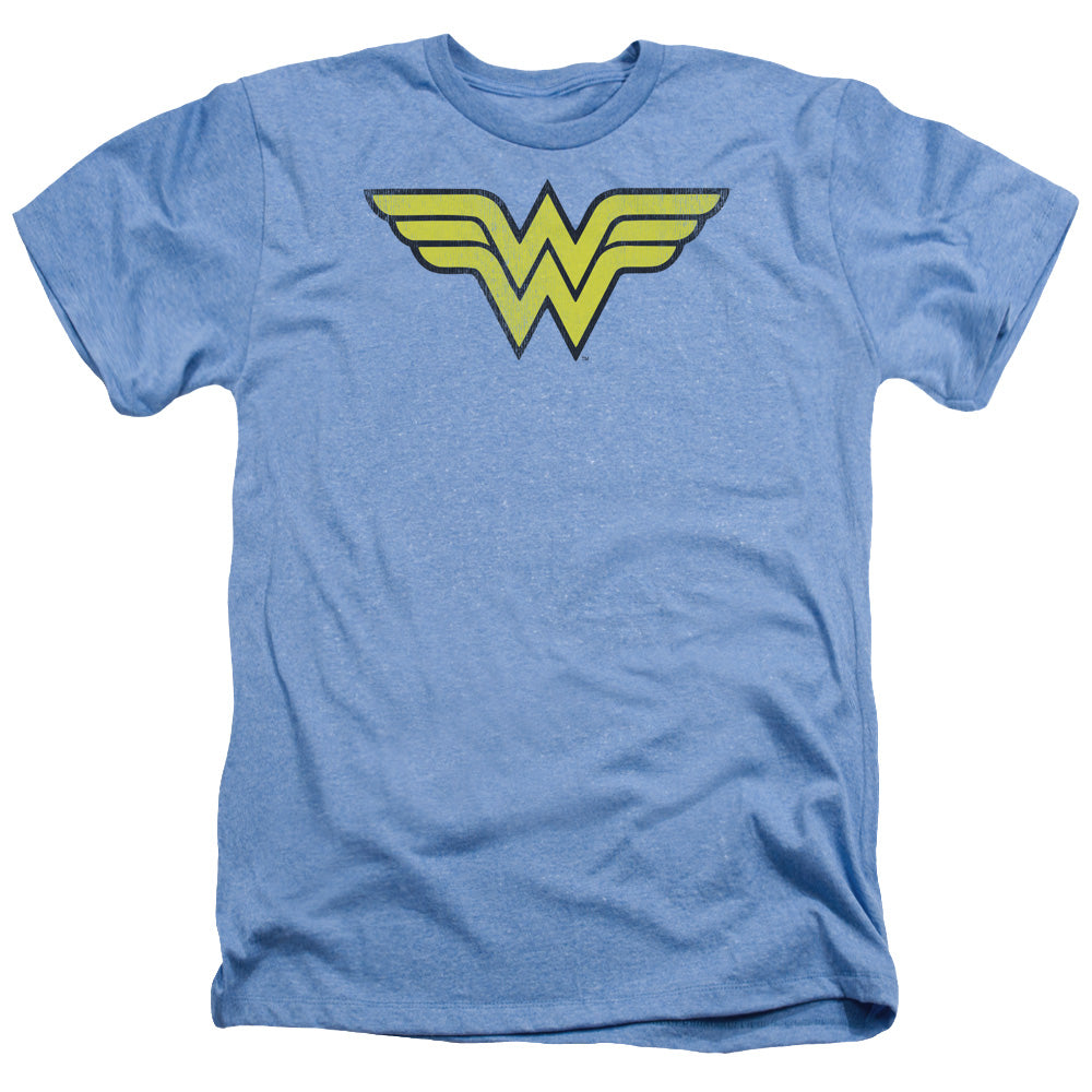 AN OFFCIALLY LICENSED DC WONDER WOMAN WW LOGO DISTRESSED MEN'S HEATHER T-SHIRT LIGHT BLUE