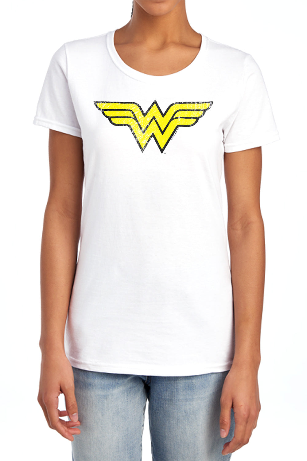 AN OFFCIALLY LICENSED DC WONDER WOMAN WW LOGO DISTRESSED WOMEN'S REGULAR FIT T-SHIRT LIGHT BLUE