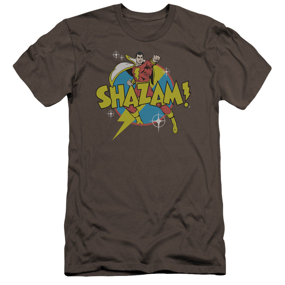 AN OFFCIALLY LICENSED DC SHAZAM POWER BOLT MEN'S PREMIUM SLIM FIT T-SHIRT CHARCOAL