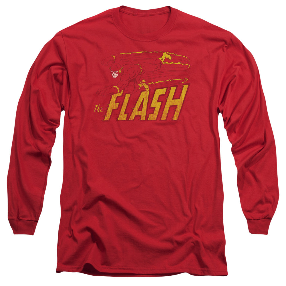 AN OFFCIALLY LICENSED DC FLASH FLASH SPEED DISTRESSED MEN'S LONG SLEEVE T-SHIRT RED