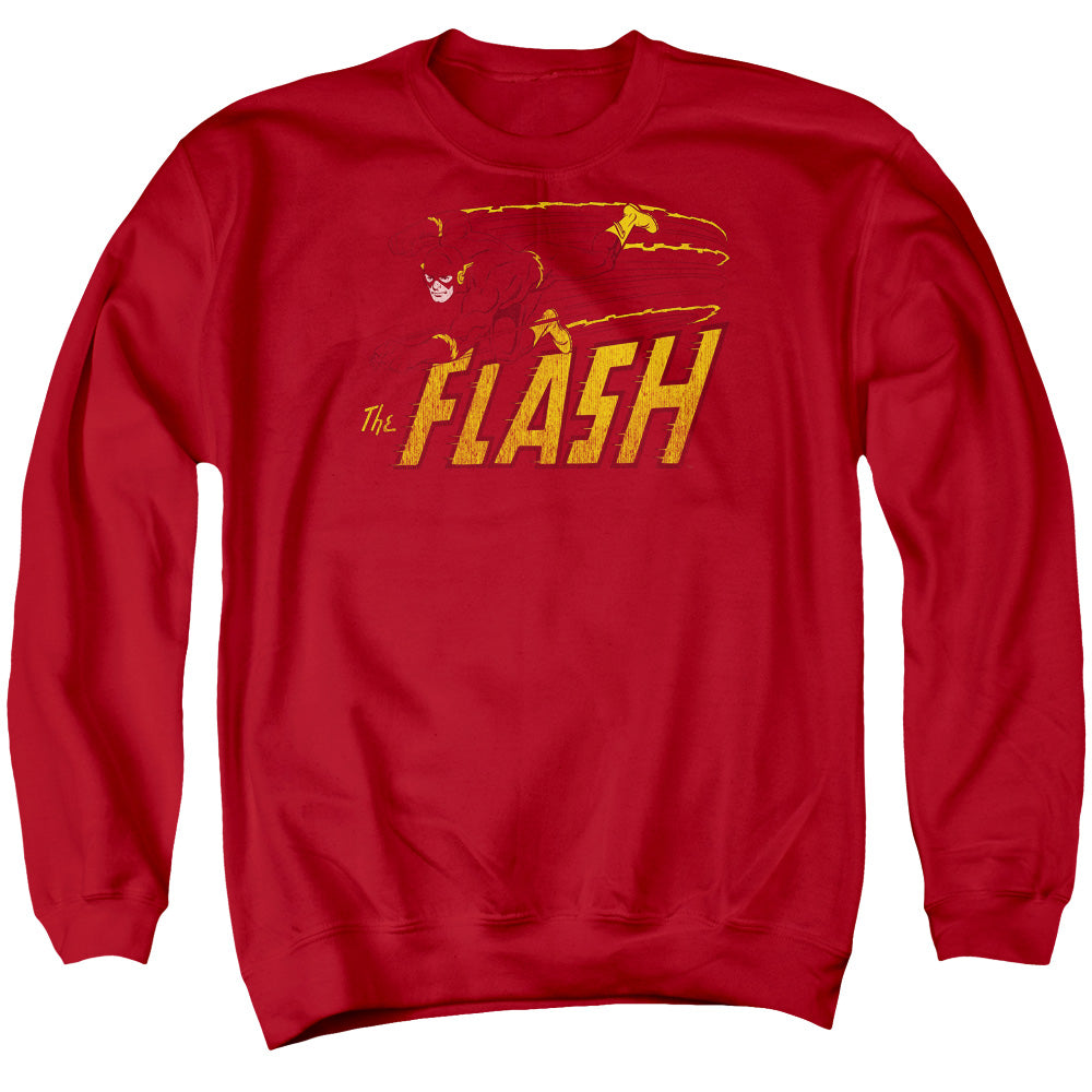 AN OFFCIALLY LICENSED DC FLASH FLASH SPEED DISTRESSED ADULT UNISEX CREWNECK SWEATSHIRT RED
