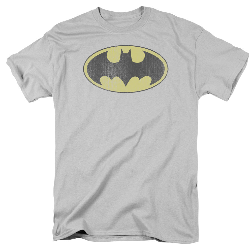 AN OFFCIALLY LICENSED DC BATMAN RETRO BAT LOGO DISTRESSED MEN'S REGULAR FIT T-SHIRT SILVER