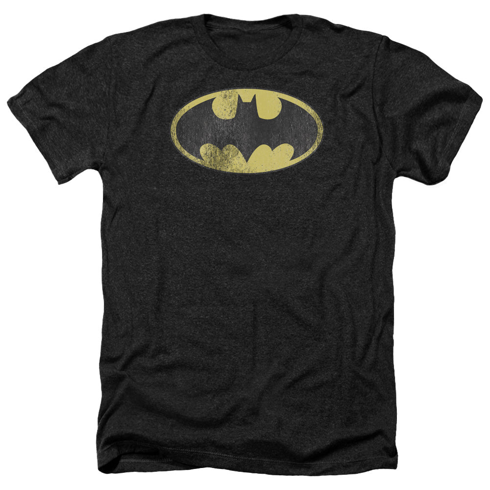 AN OFFCIALLY LICENSED DC RETRO BAT LOGO DISTRESSED MEN'S HEATHER T-SHIRT CHARCOAL