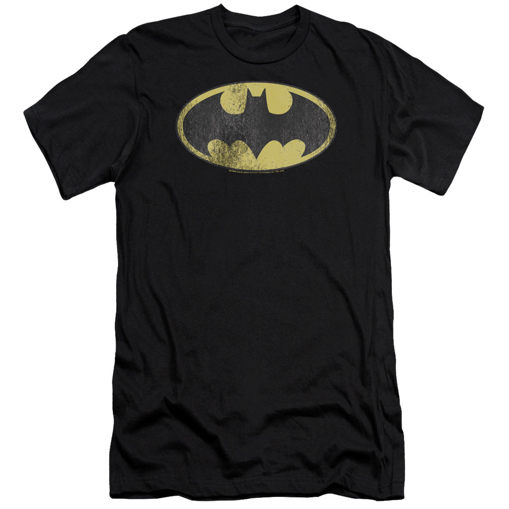 AN OFFCIALLY LICENSED DC RETRO BAT LOGO DISTRESSED MEN'S PREMIUM SLIM FIT T-SHIRT BLACK