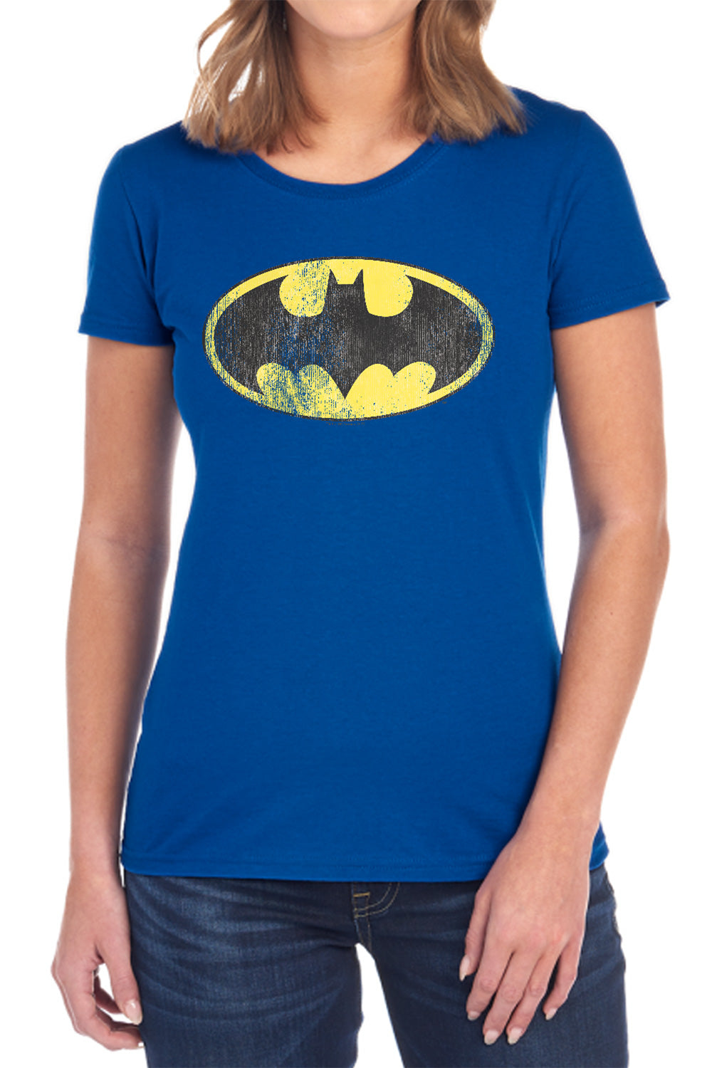 AN OFFCIALLY LICENSED DC RETRO BAT LOGO DISTRESSED WOMEN'S REGULAR FIT T-SHIRT BLACK