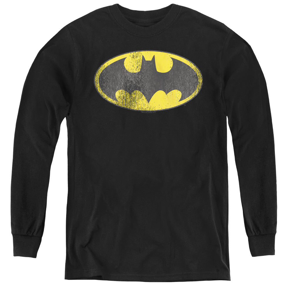 AN OFFCIALLY LICENSED DC RETRO BAT LOGO DISTRESSED YOUTH LONG SLEEVE T-SHIRT BLACK