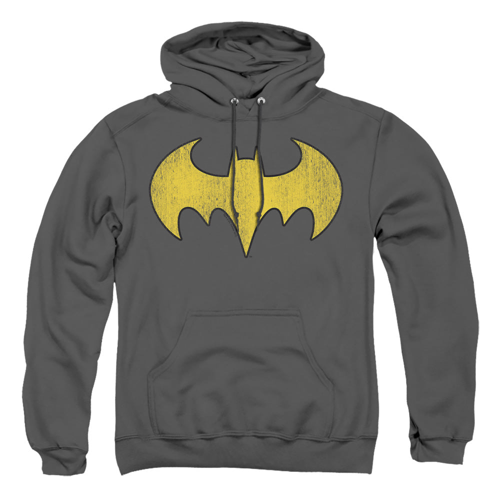 AN OFFCIALLY LICENSED DC BATGIRL LOGO DISTRESSED ADULT UNISEX PULLOVER HOODIE CHARCOAL