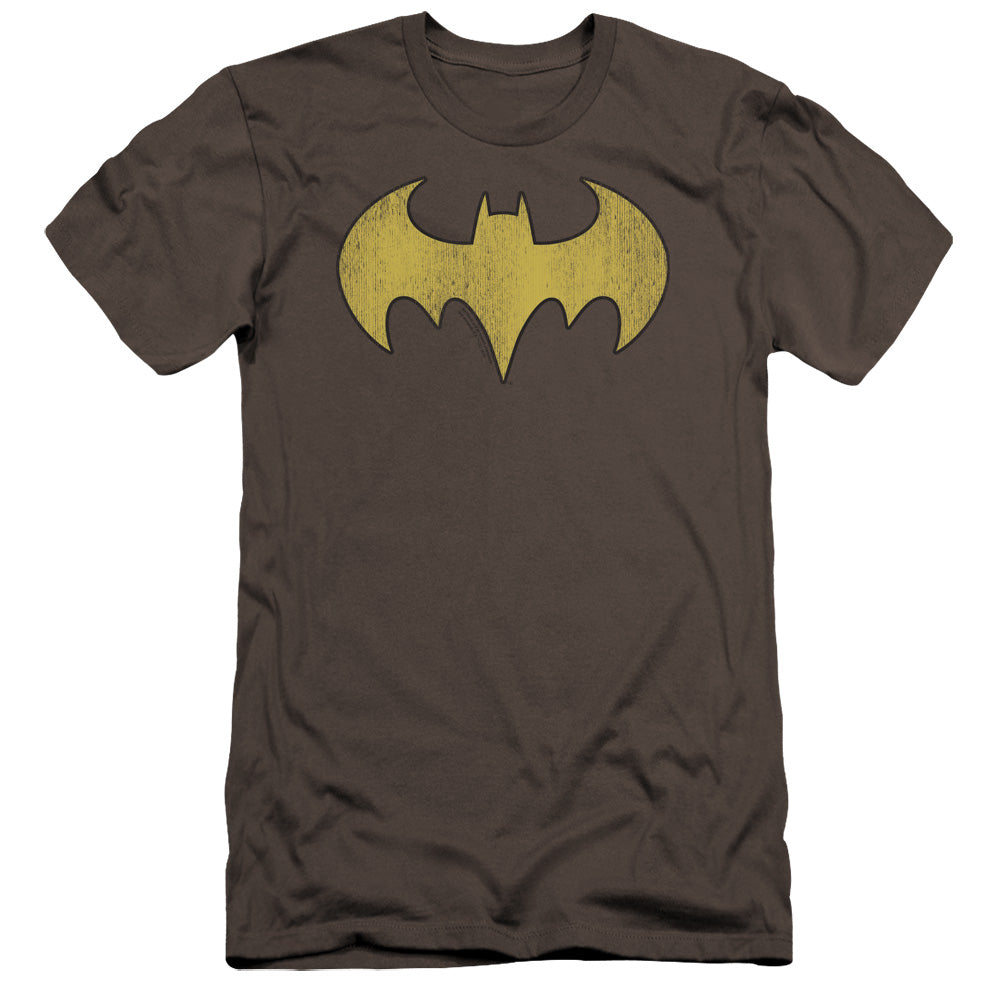 AN OFFCIALLY LICENSED DC BATGIRL LOGO DISTRESSED MEN'S PREMIUM SLIM FIT T-SHIRT CHARCOAL