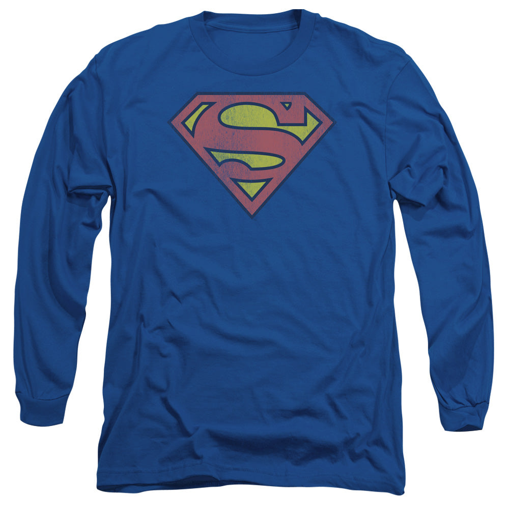 AN OFFCIALLY LICENSED DC SUPERMAN RETRO SUPES LOGO DISTRESSED MEN'S LONG SLEEVE T-SHIRT ROYAL