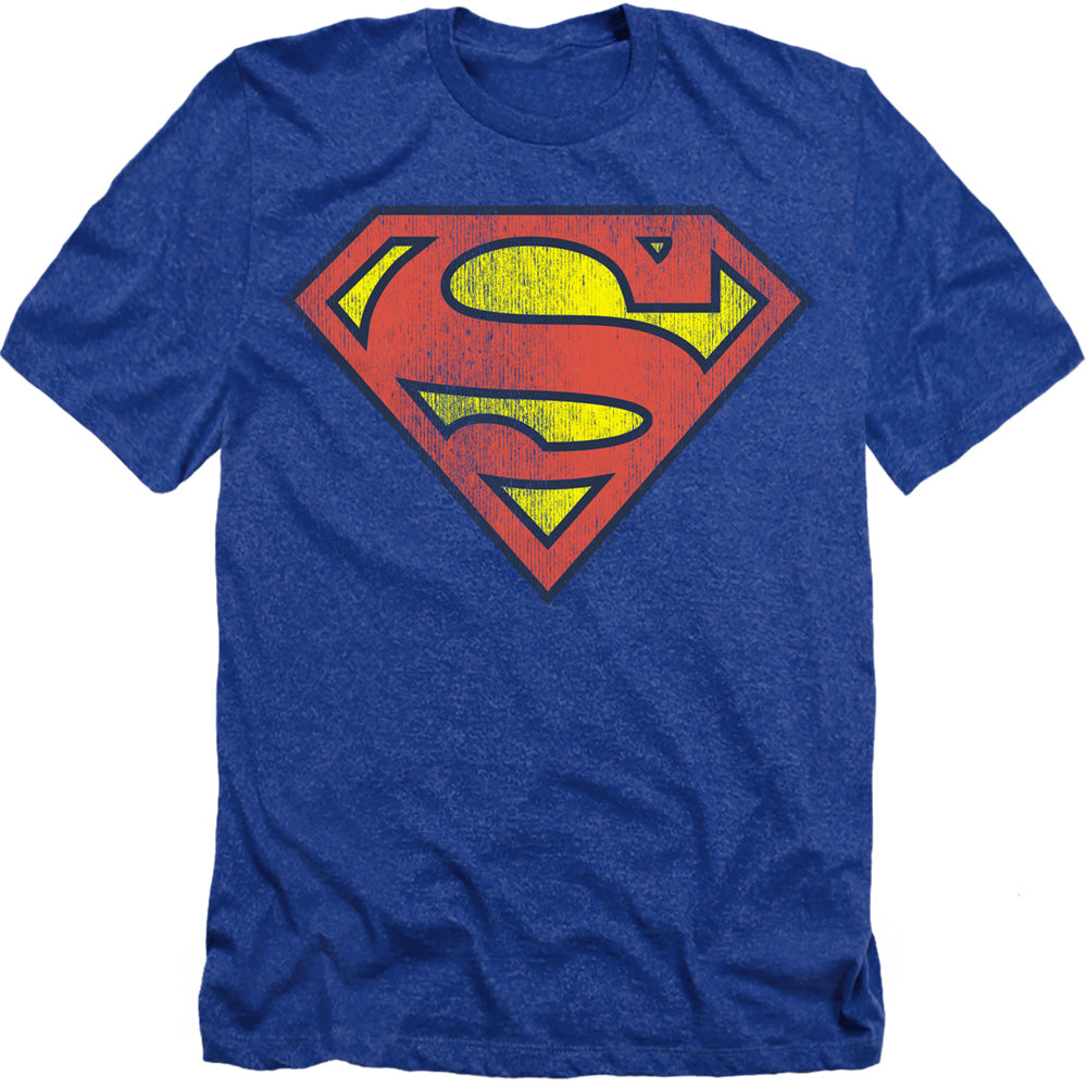 AN OFFCIALLY LICENSED DC SUPERMAN RETRO SUPES LOGO DISTRESSED MEN'S HEATHER T-SHIRT ROYAL