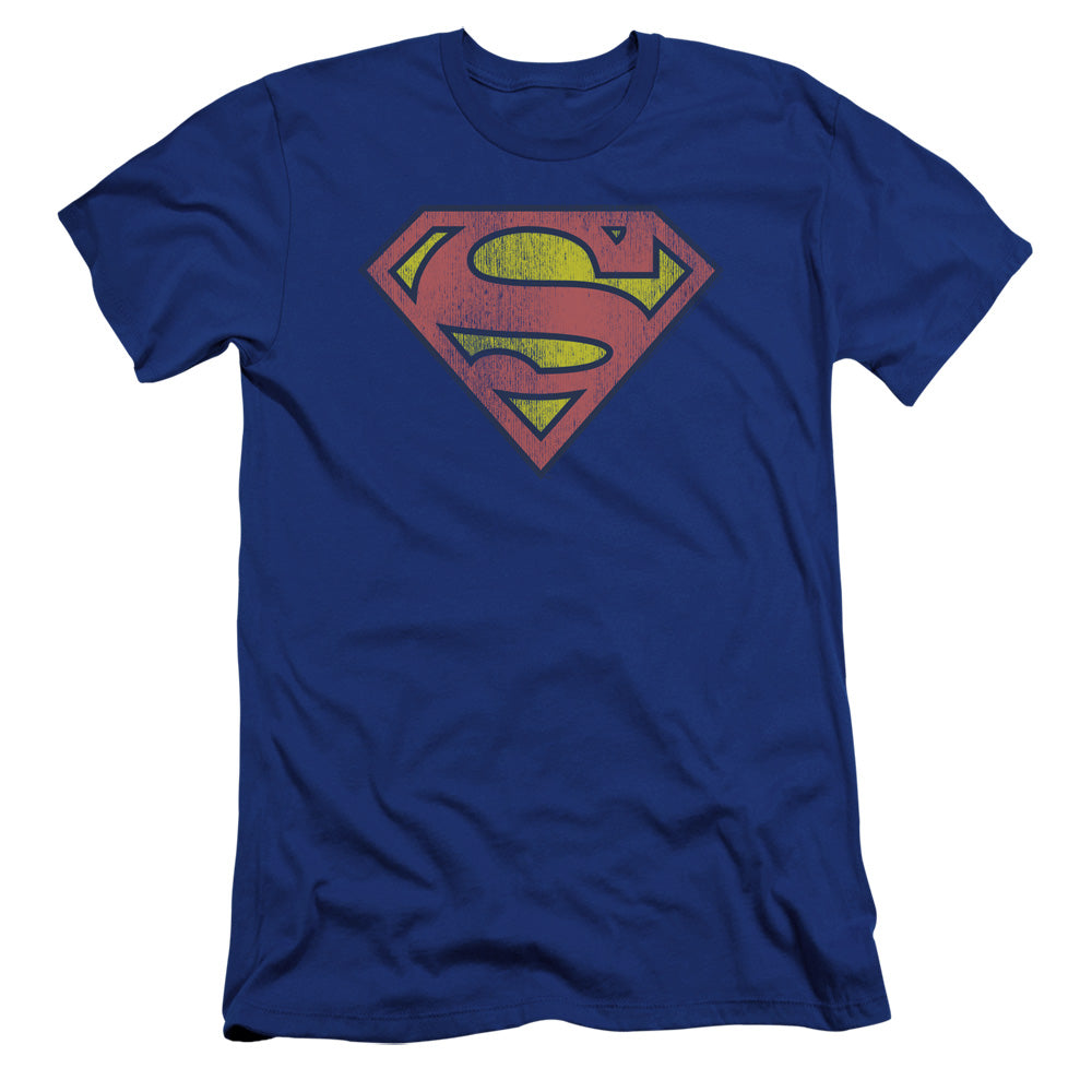 AN OFFCIALLY LICENSED DC SUPERMAN RETRO SUPES LOGO DISTRESSED MEN'S PREMIUM SLIM FIT T-SHIRT ROYAL