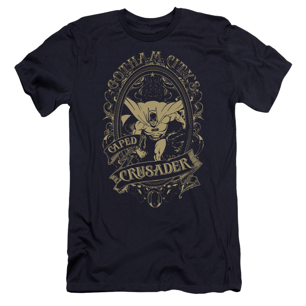 AN OFFCIALLY LICENSED DC GOTHAM CRUSADER MEN'S PREMIUM SLIM FIT T-SHIRT NAVY