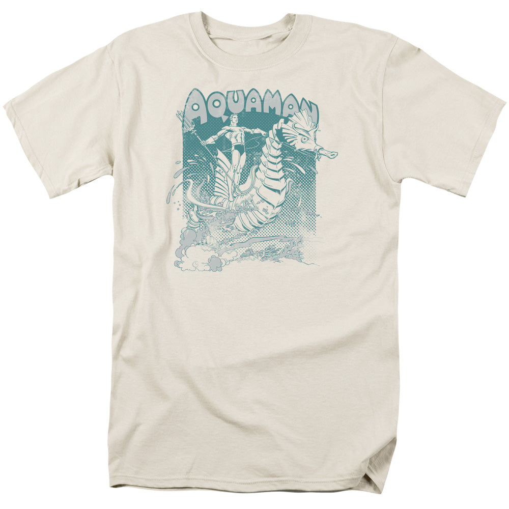 AN OFFCIALLY LICENSED DC AQUAMAN CATCH A WAVE MEN'S REGULAR FIT T-SHIRT CREAM