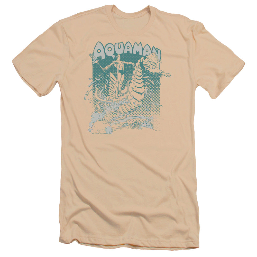 AN OFFCIALLY LICENSED DC AQUAMAN CATCH A WAVE MEN'S PREMIUM SLIM FIT T-SHIRT ROYAL