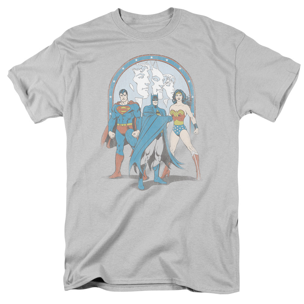 AN OFFCIALLY LICENSED DC TRINITY MEN'S REGULAR FIT T-SHIRT SILVER