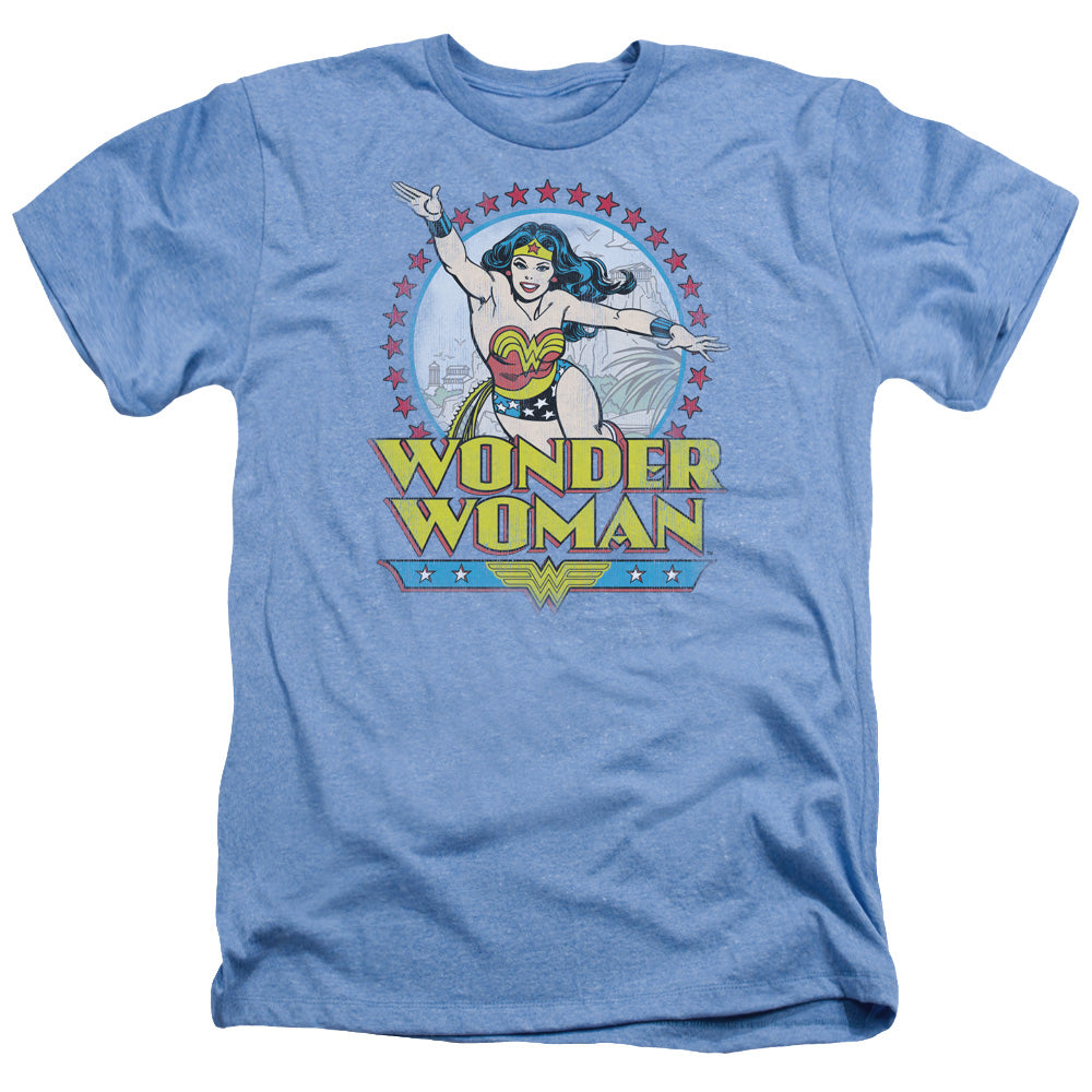AN OFFCIALLY LICENSED DC WONDER WOMAN STAR OF PARADISE ISLAND MEN'S HEATHER T-SHIRT LIGHT BLUE