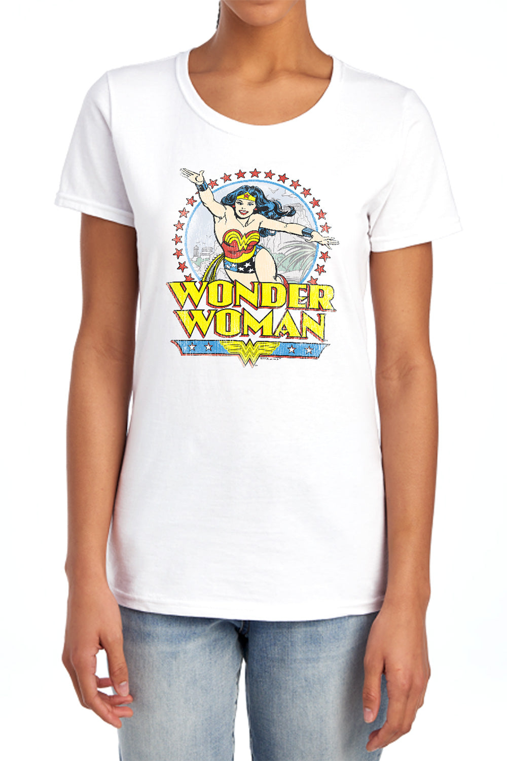 AN OFFCIALLY LICENSED DC WONDER WOMAN STAR OF PARADISE ISLAND WOMEN'S REGULAR FIT T-SHIRT LIGHT BLUE