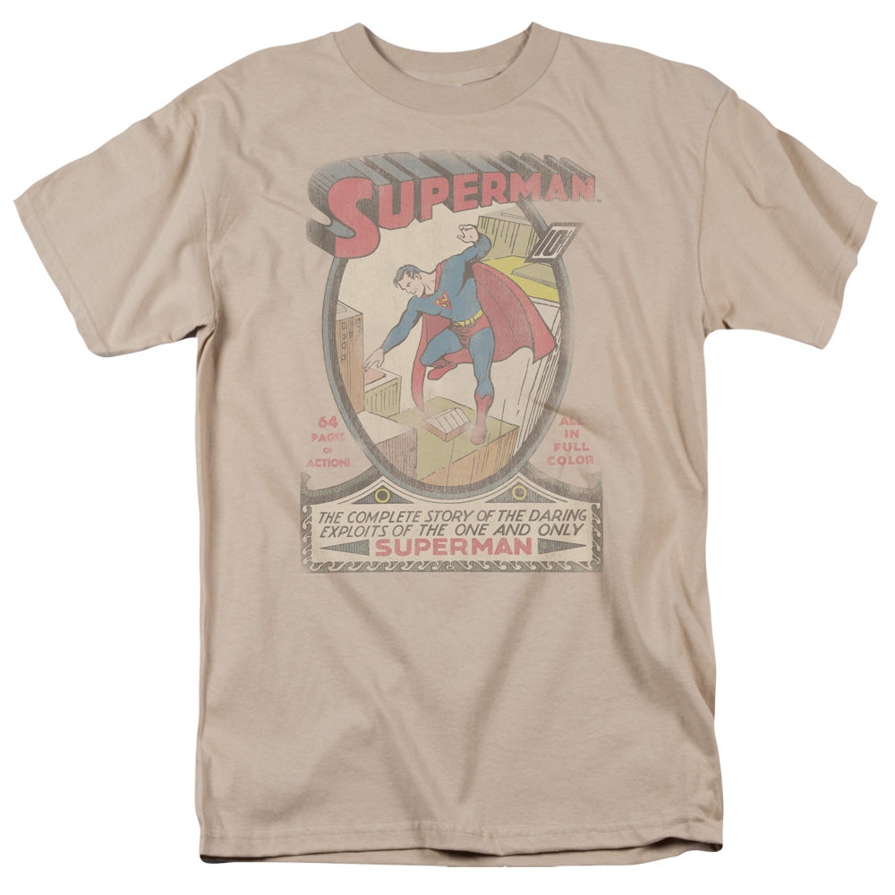 AN OFFCIALLY LICENSED DC SUPERMAN 1 DISTRESSED MEN'S REGULAR FIT T-SHIRT SAND