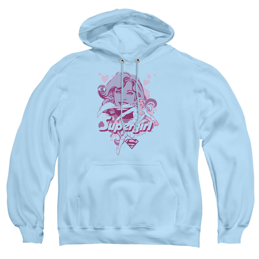 AN OFFCIALLY LICENSED DC SUPERGIRL ADULT UNISEX PULLOVER HOODIE LIGHT BLUE