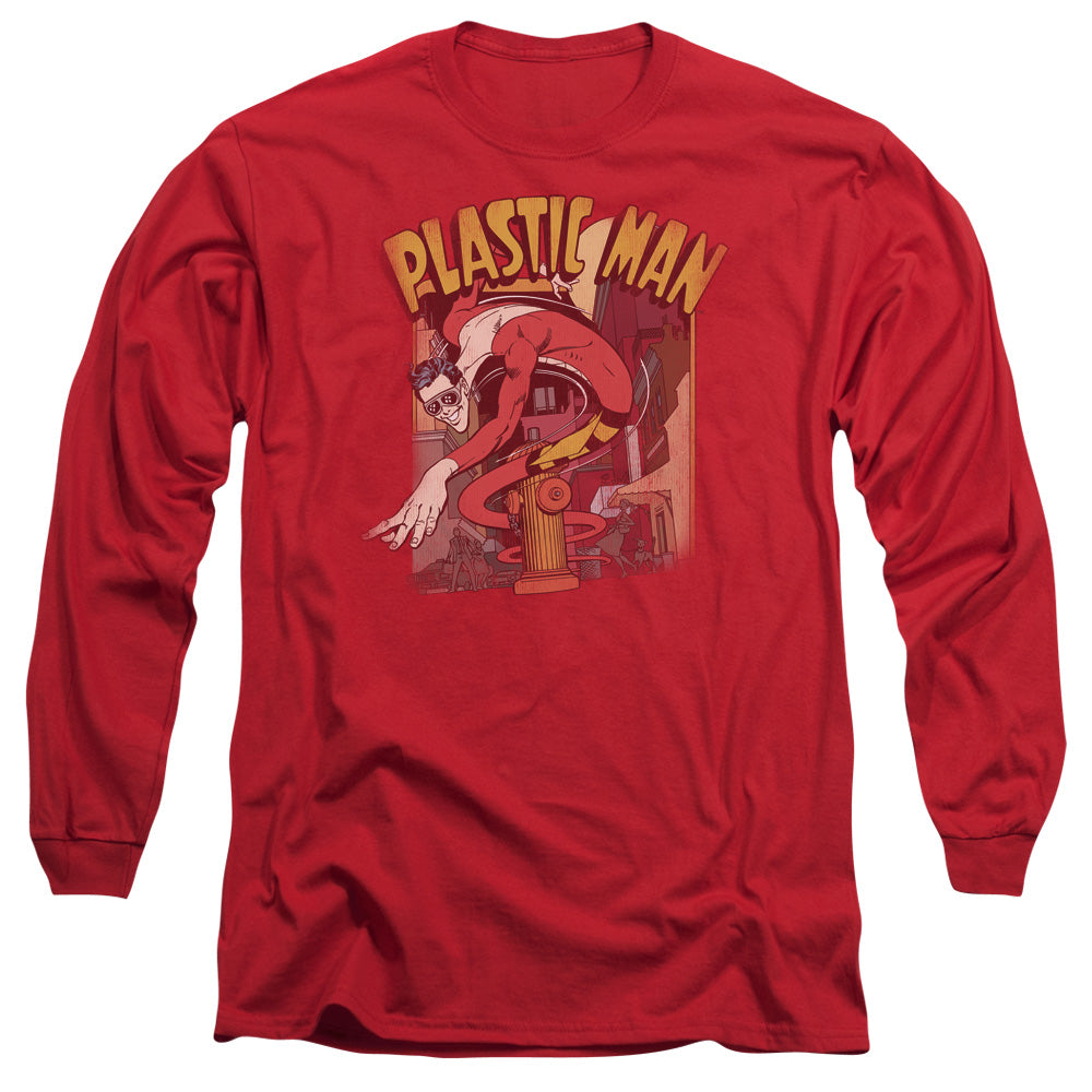 AN OFFCIALLY LICENSED DC PLASTIC MAN STREET MEN'S LONG SLEEVE T-SHIRT RED