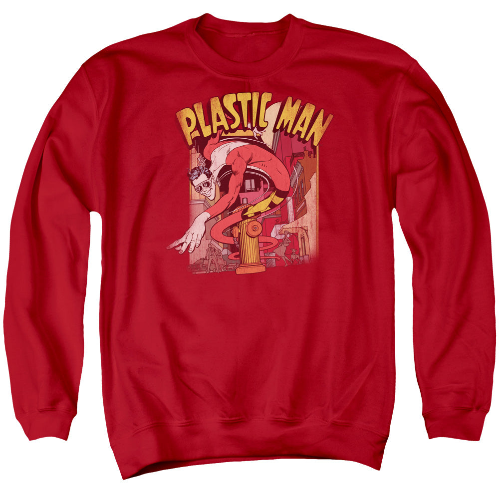 AN OFFCIALLY LICENSED DC PLASTIC MAN STREET ADULT UNISEX CREWNECK SWEATSHIRT RED