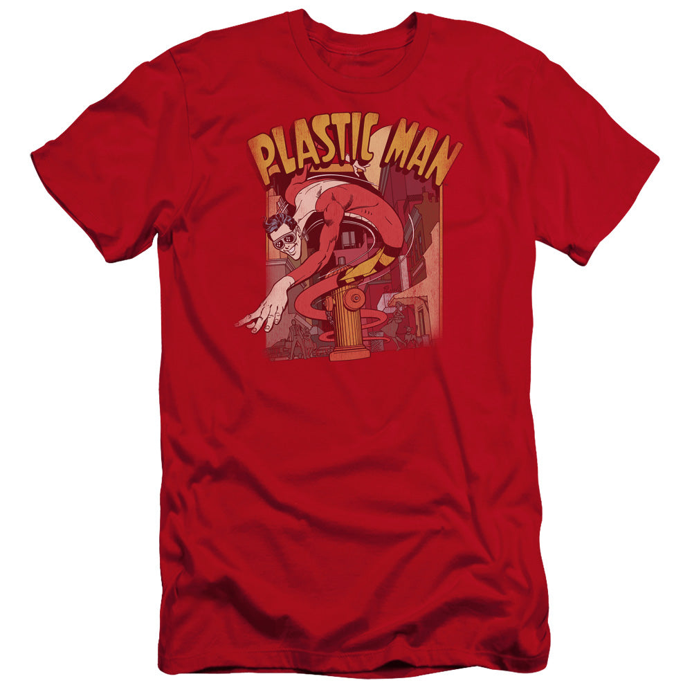 AN OFFCIALLY LICENSED DC PLASTIC MAN STREET MEN'S PREMIUM SLIM FIT T-SHIRT RED