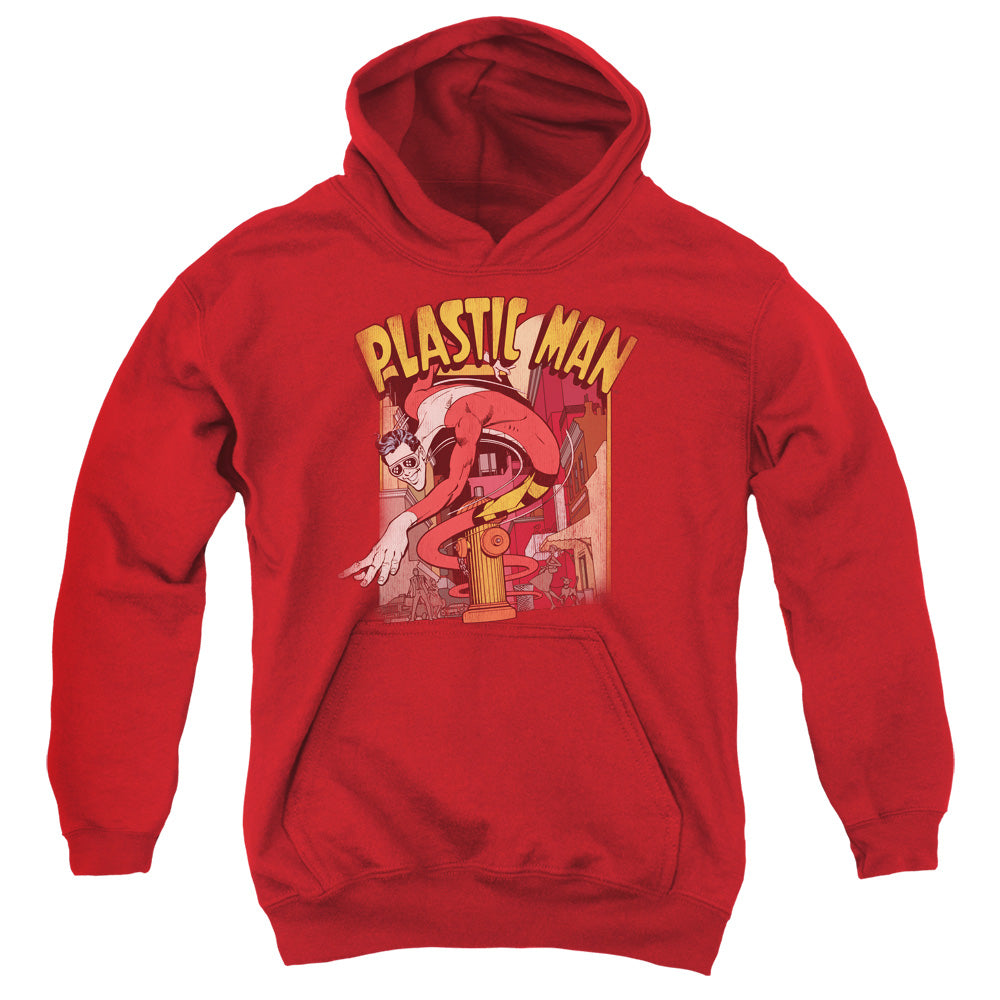 AN OFFCIALLY LICENSED DC PLASTIC MAN STREET YOUTH HOODIE RED