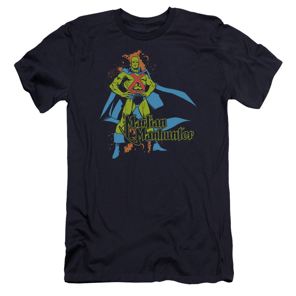 AN OFFCIALLY LICENSED DC MARTIAN MANHUNTER MEN'S PREMIUM SLIM FIT T-SHIRT NAVY