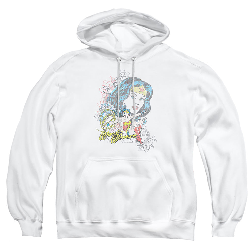 AN OFFCIALLY LICENSED DC WONDER SCROLL ADULT UNISEX PULLOVER HOODIE WHITE