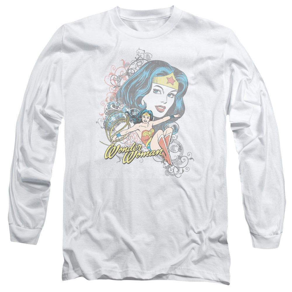 AN OFFCIALLY LICENSED DC WONDER SCROLL MEN'S LONG SLEEVE T-SHIRT WHITE