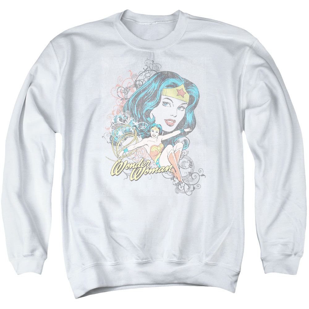 AN OFFCIALLY LICENSED DC WONDER SCROLL ADULT UNISEX CREWNECK SWEATSHIRT WHITE
