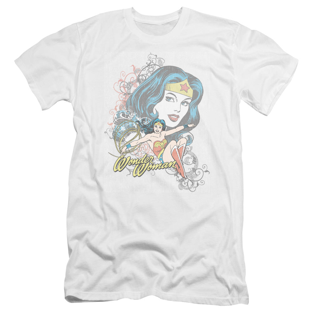AN OFFCIALLY LICENSED DC WONDER SCROLL MEN'S PREMIUM SLIM FIT T-SHIRT WHITE