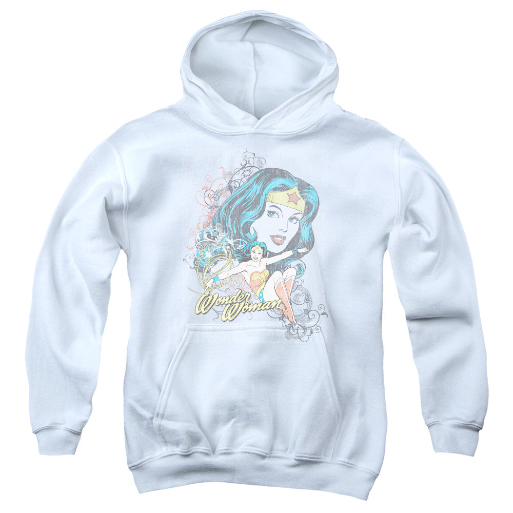 AN OFFCIALLY LICENSED DC WONDER SCROLL YOUTH HOODIE WHITE