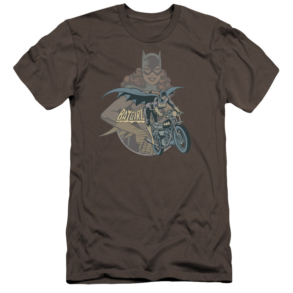 AN OFFCIALLY LICENSED DC BATGIRL BIKER MEN'S PREMIUM SLIM FIT T-SHIRT CHARCOAL