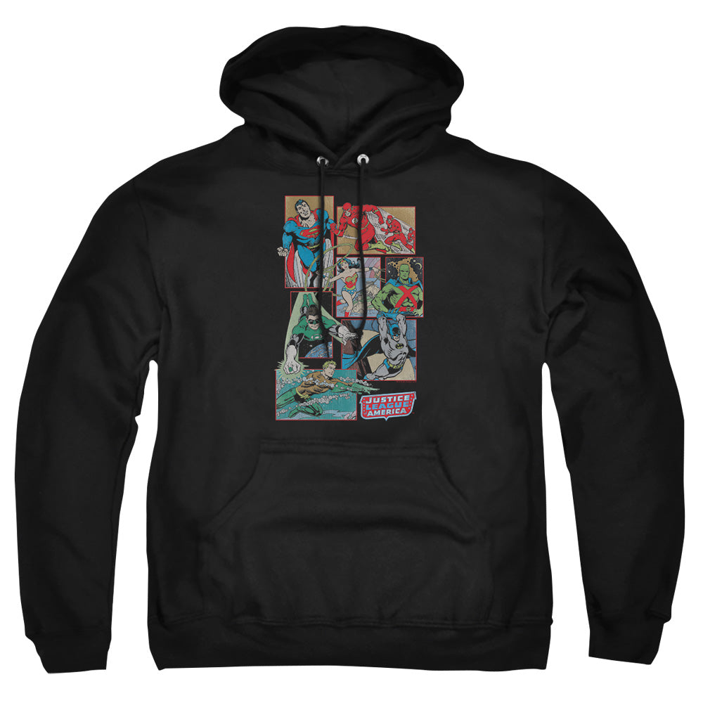 AN OFFCIALLY LICENSED DC JUSTICE LEAGUE BOXES ADULT UNISEX PULLOVER HOODIE BLACK