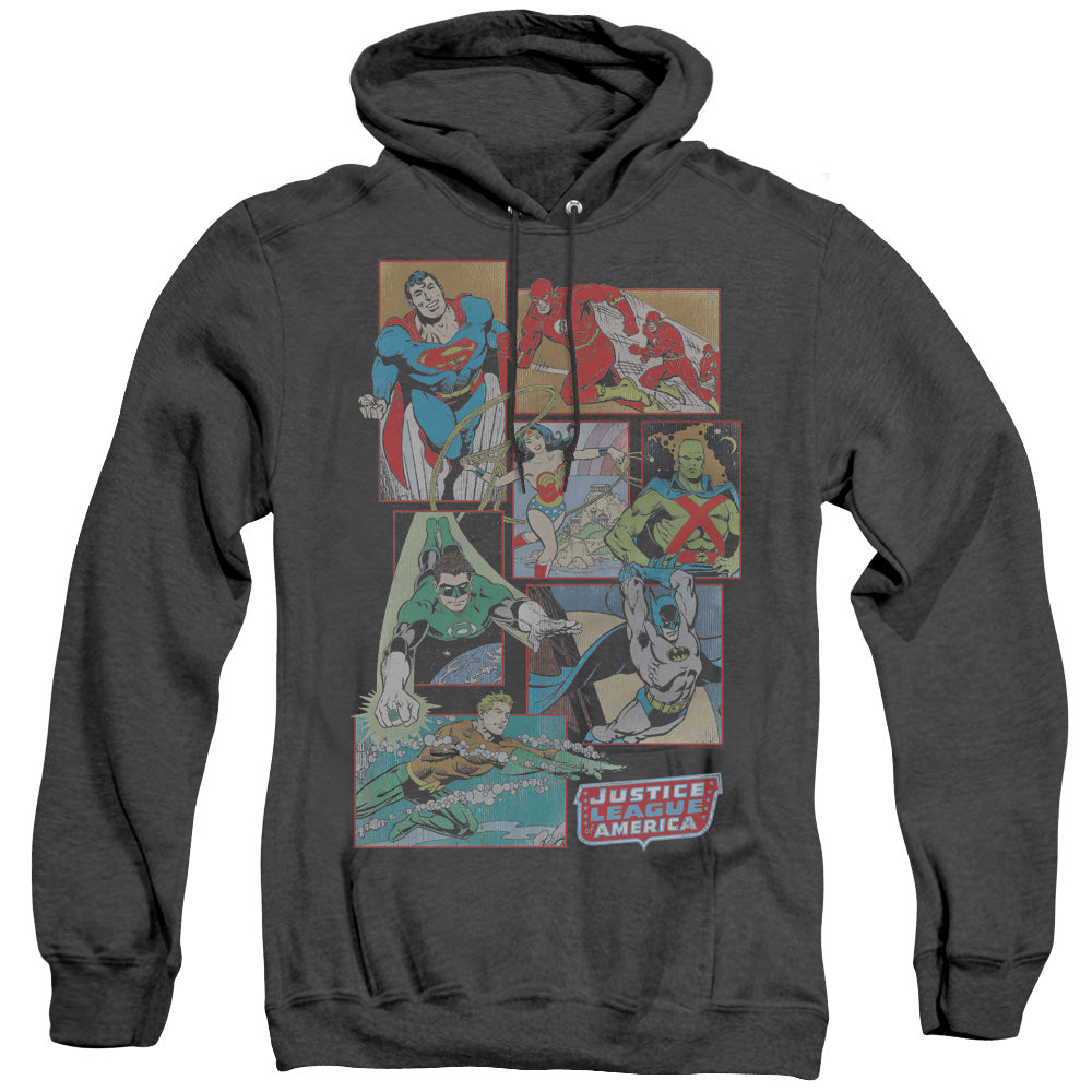 AN OFFCIALLY LICENSED DC JUSTICE LEAGUE BOXES ADULT UNISEX HEATHER PULLOVER HOODIE BLACK