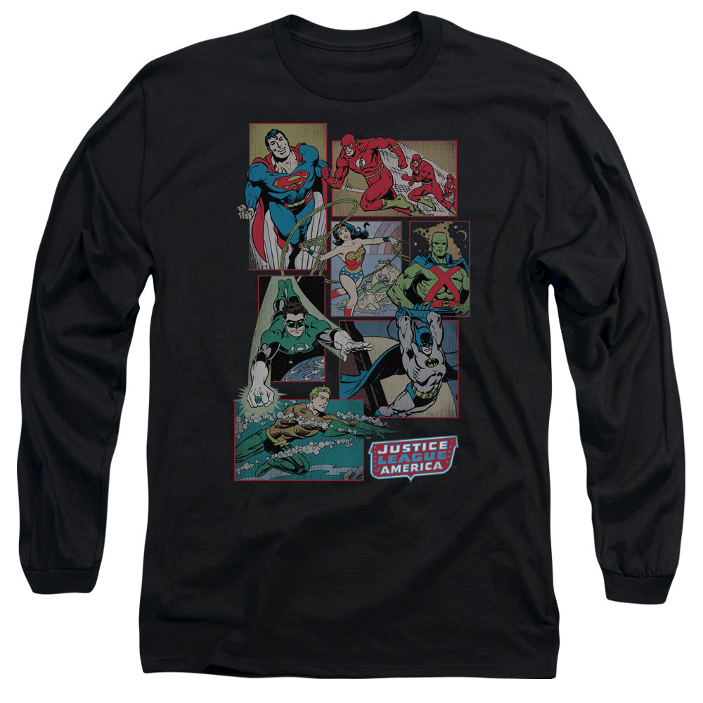 AN OFFCIALLY LICENSED DC JUSTICE LEAGUE BOXES MEN'S LONG SLEEVE T-SHIRT BLACK