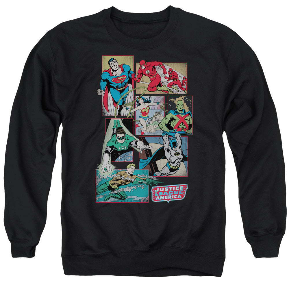 AN OFFCIALLY LICENSED DC JUSTICE LEAGUE BOXES ADULT UNISEX CREWNECK SWEATSHIRT BLACK