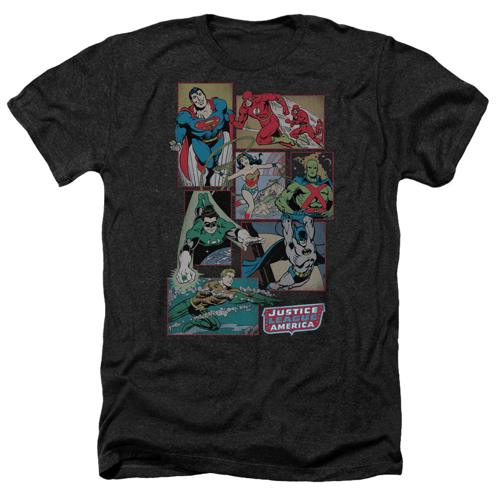 AN OFFCIALLY LICENSED DC JUSTICE LEAGUE BOXES MEN'S HEATHER T-SHIRT CHARCOAL