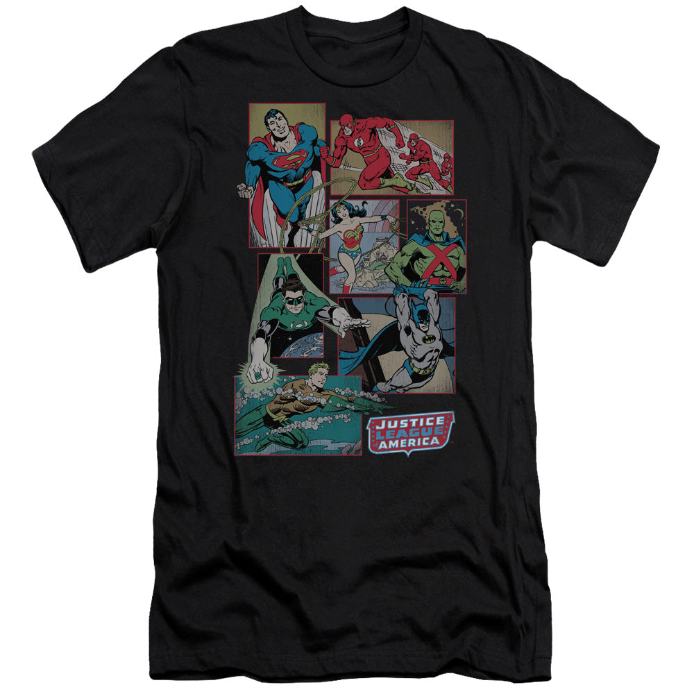 AN OFFCIALLY LICENSED DC JUSTICE LEAGUE BOXES MEN'S PREMIUM SLIM FIT T-SHIRT BLACK
